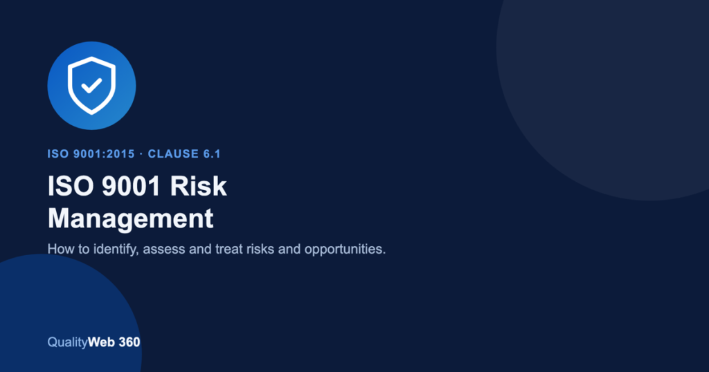 ISO 9001 risk management: shield and checkmark icon on blue background