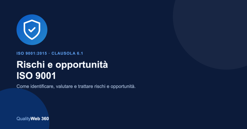Rischi e opportunità ISO 9001: icona scudo e segno di spunta su sfondo blu