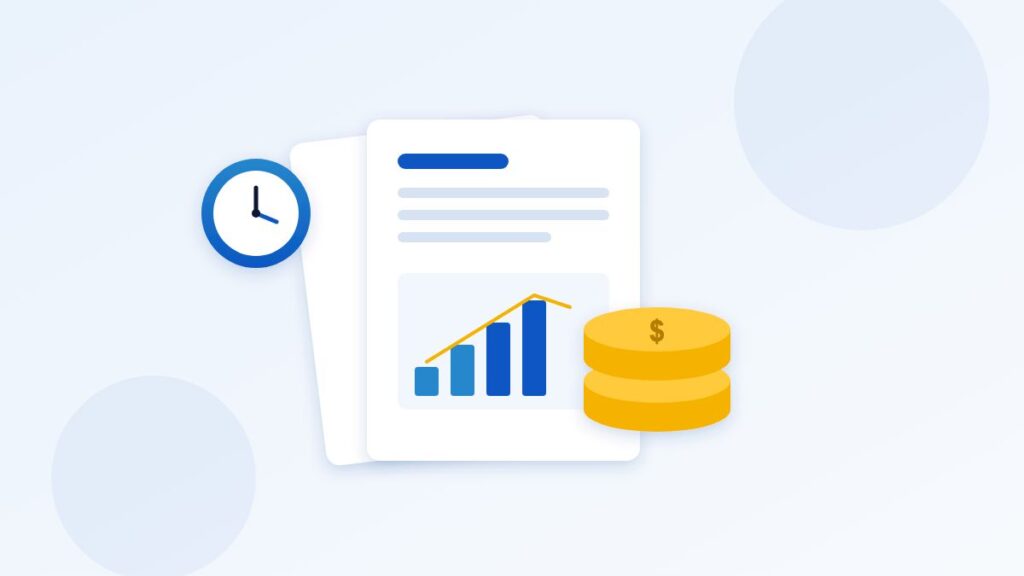 Costo di non avere un software ISO 9001: illustrazione di documenti, monete e un grafico di tendenza con un orologio