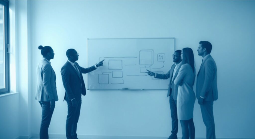 Mappa dei processi ISO 9001: team che esamina il diagramma su una lavagna