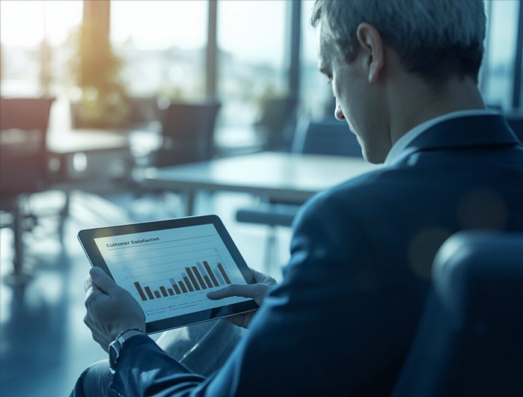 Cómo medir la satisfacción del cliente ISO 9001: profesional revisando indicadores en tablet