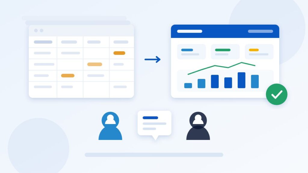Excel para ISO 9001: hoja de cálculo desordenada frente a un panel de calidad ordenado mientras dos personas conversan con datos