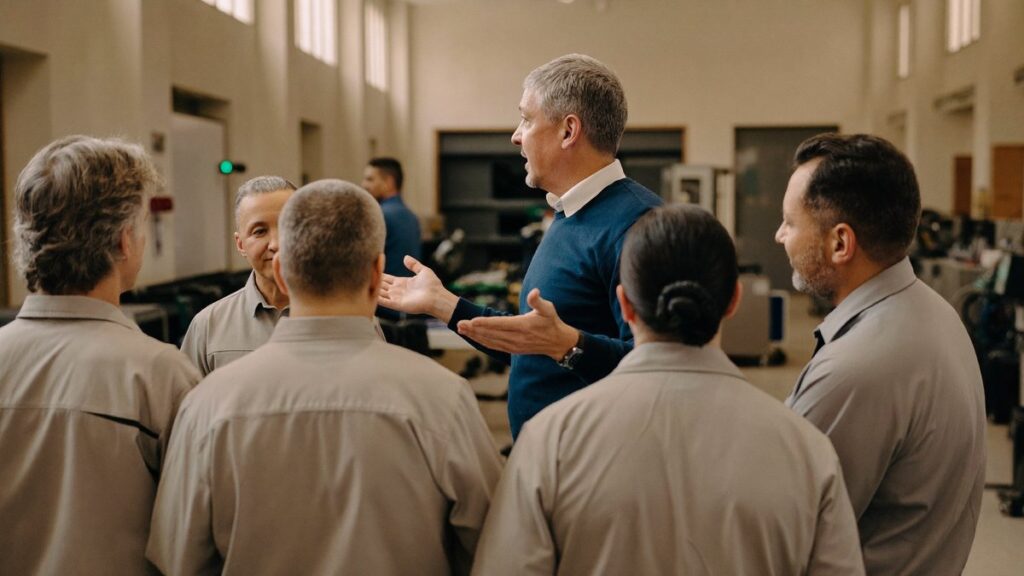 Quality policy: the general manager explains it to the shop-floor team at the start-of-shift huddle