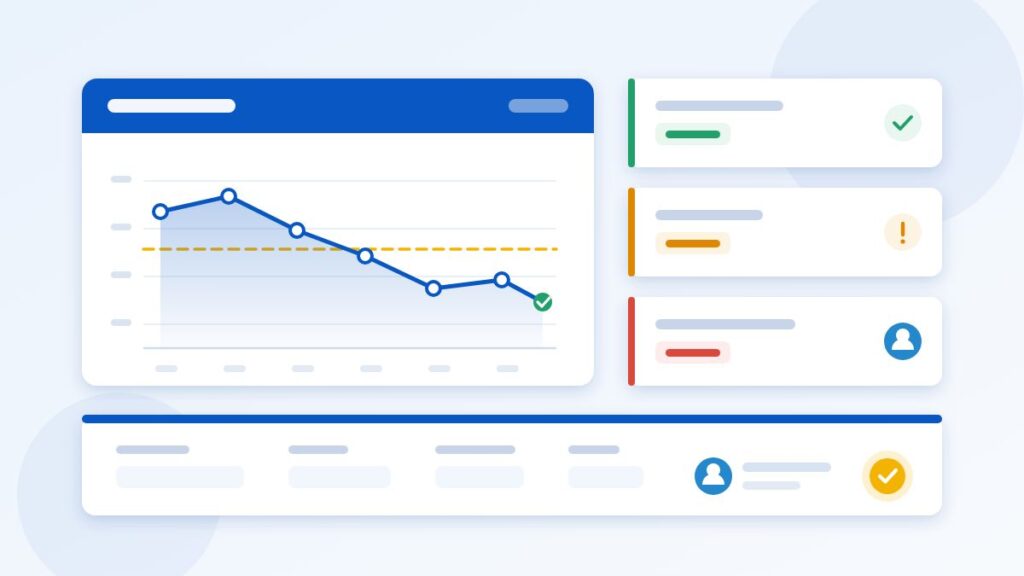 Quality KPIs ISO 9001: dashboard showing an indicator trend against its target, a results traffic light and a definition sheet with an assigned owner
